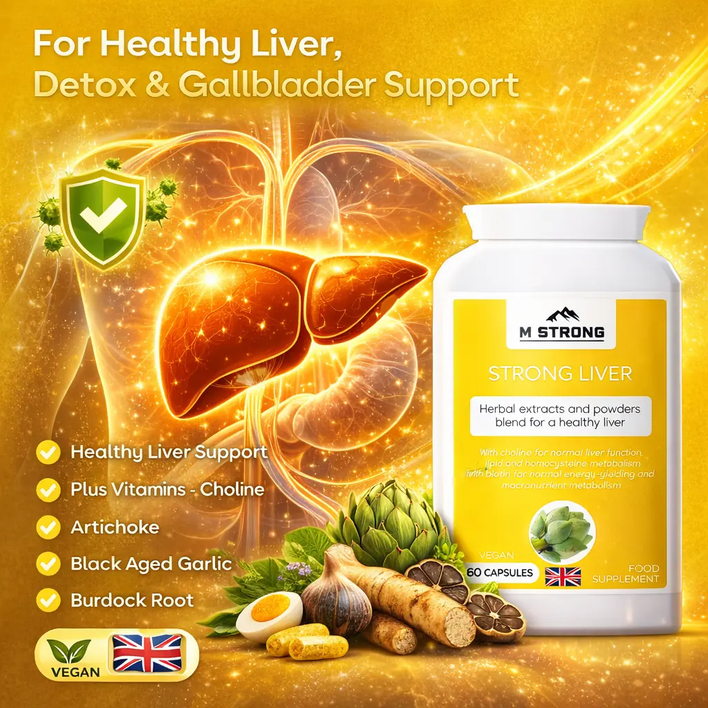 M STRONG Strong Liver supplement bottle on golden background with illustrated liver, herbal ingredients, and icons showing healthy liver, detox support, vegan formula and 60 capsules