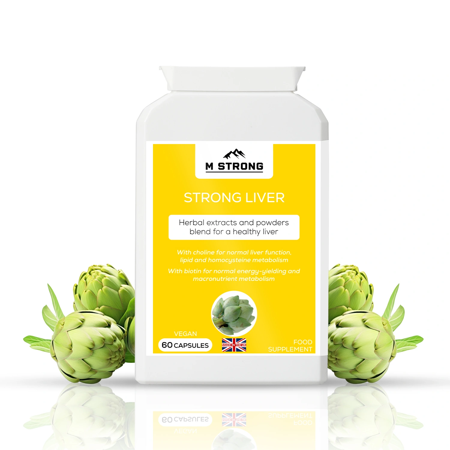 M STRONG Strong Liver capsules with artichoke, herbal extracts and choline for daily liver health support.