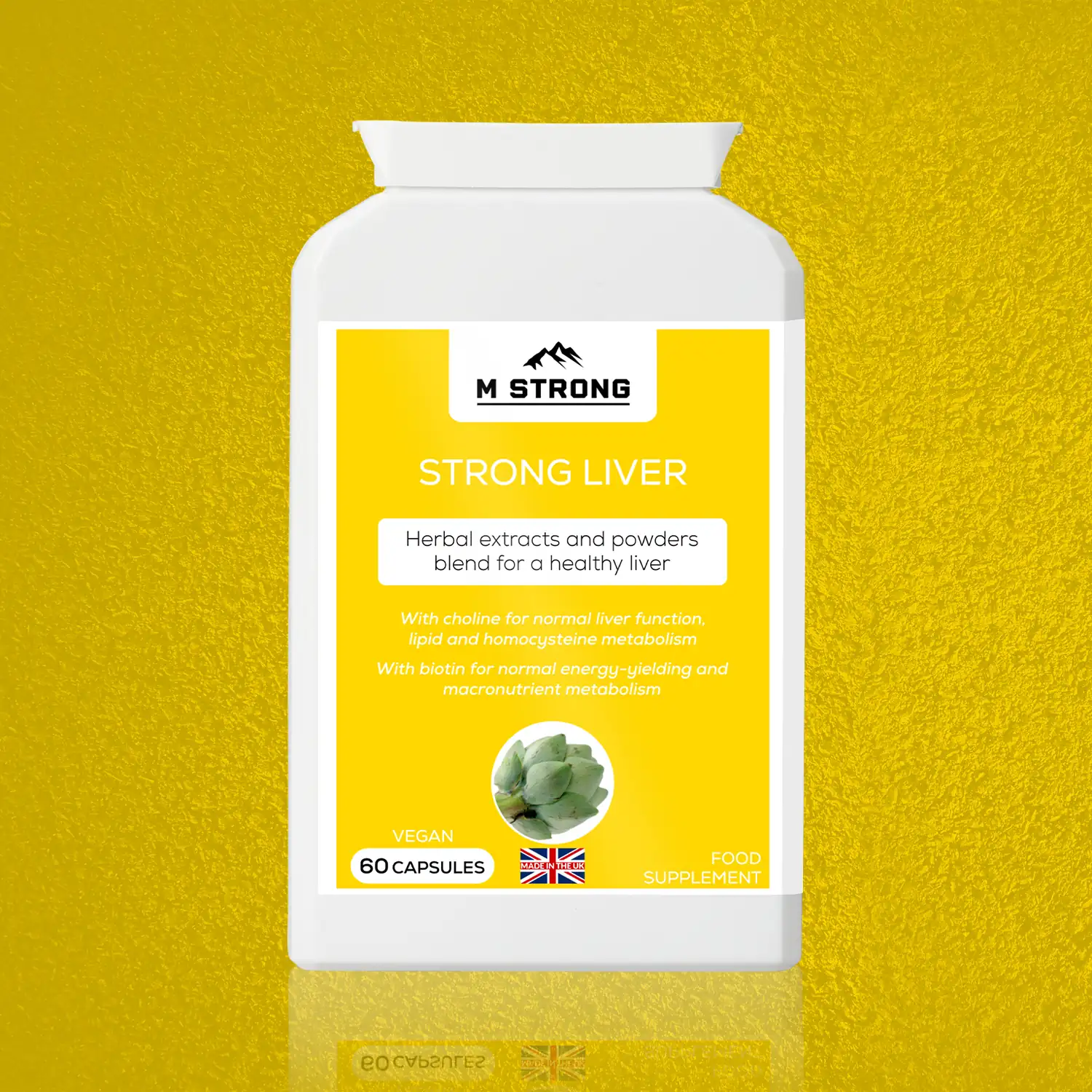M Strong Strong Liver supplement hero image, advanced liver support formula in capsules, GMP-manufactured, halal certified, and made in the UK