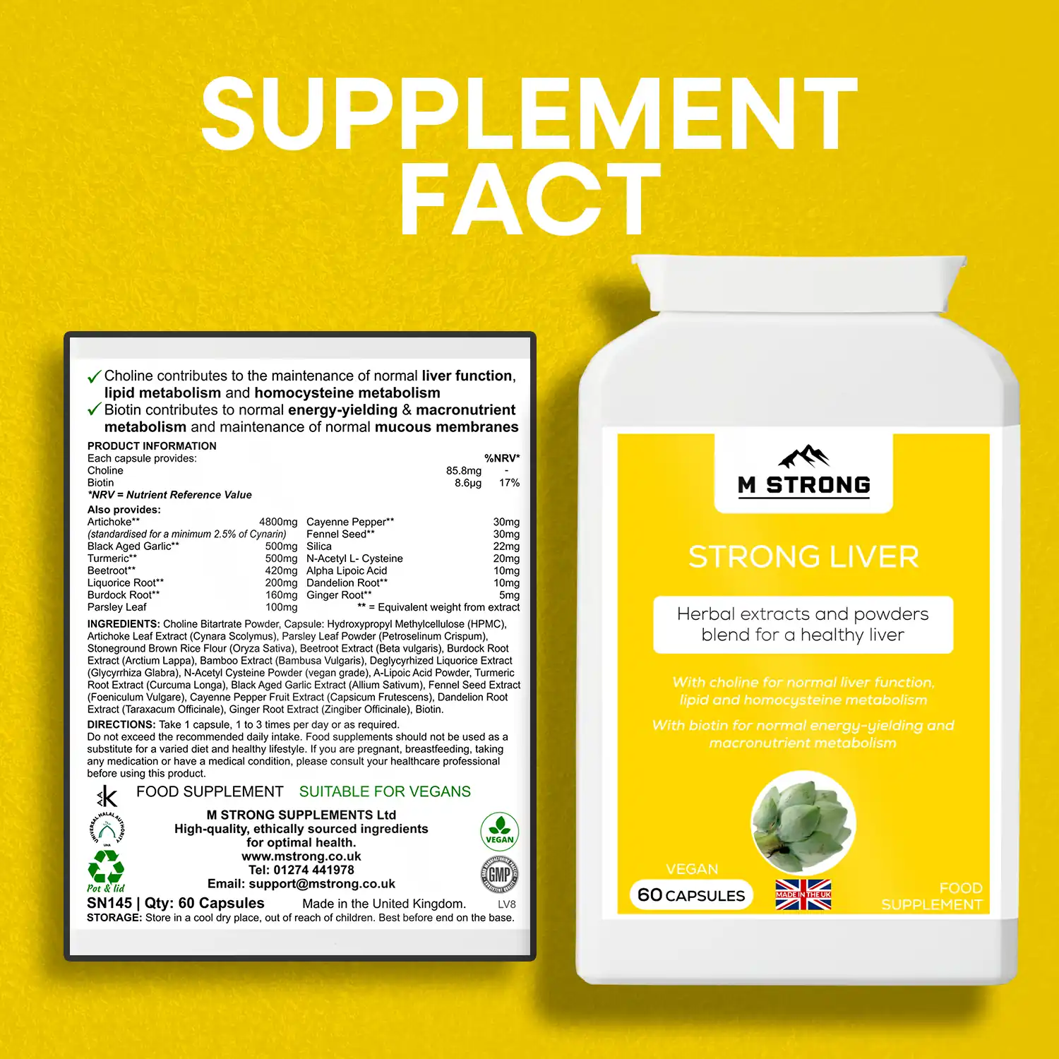 M Strong Strong Liver supplement label showing ingredient list, dosage information, and GMP and kosher, halal certification details.