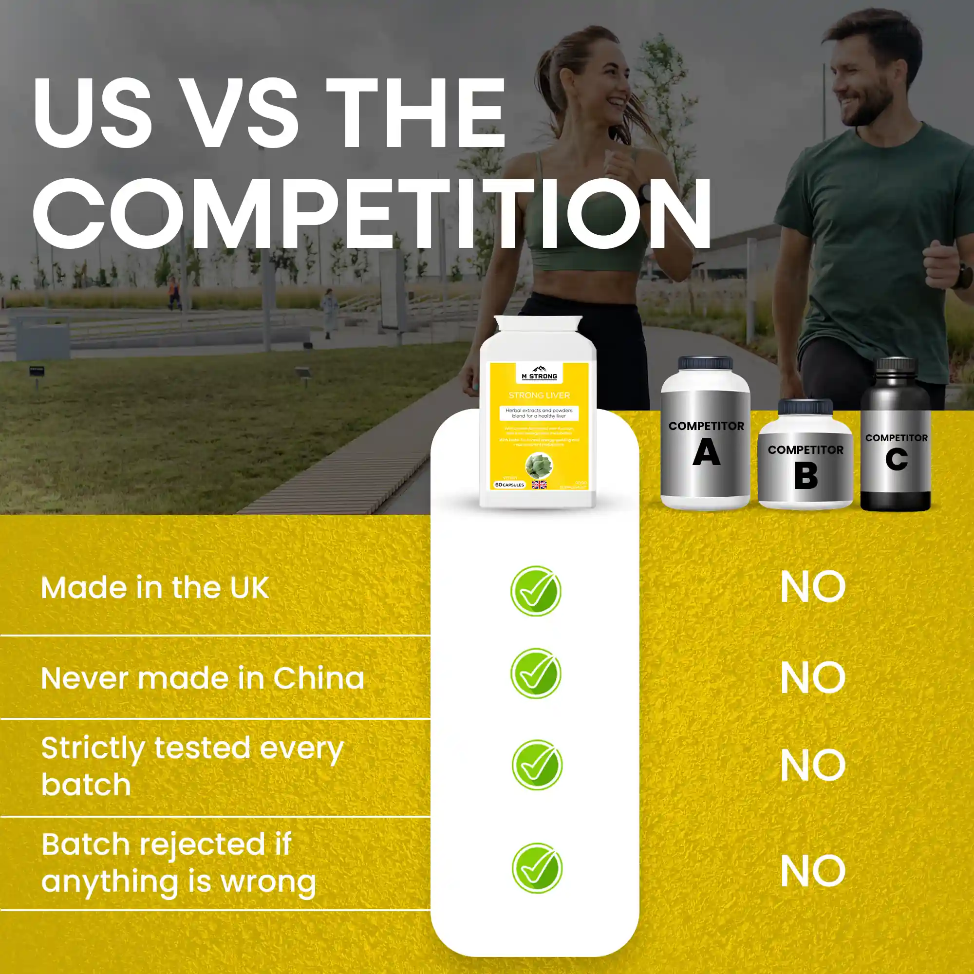 M STRONG Strong Liver comparison graphic showing UK-made supplement versus competitors, with batch testing and quality checks highlighted