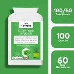 M STRONG Superfood Infusion organic whole food supplement showing 100 capsules, daily servings and 60 day guarantee