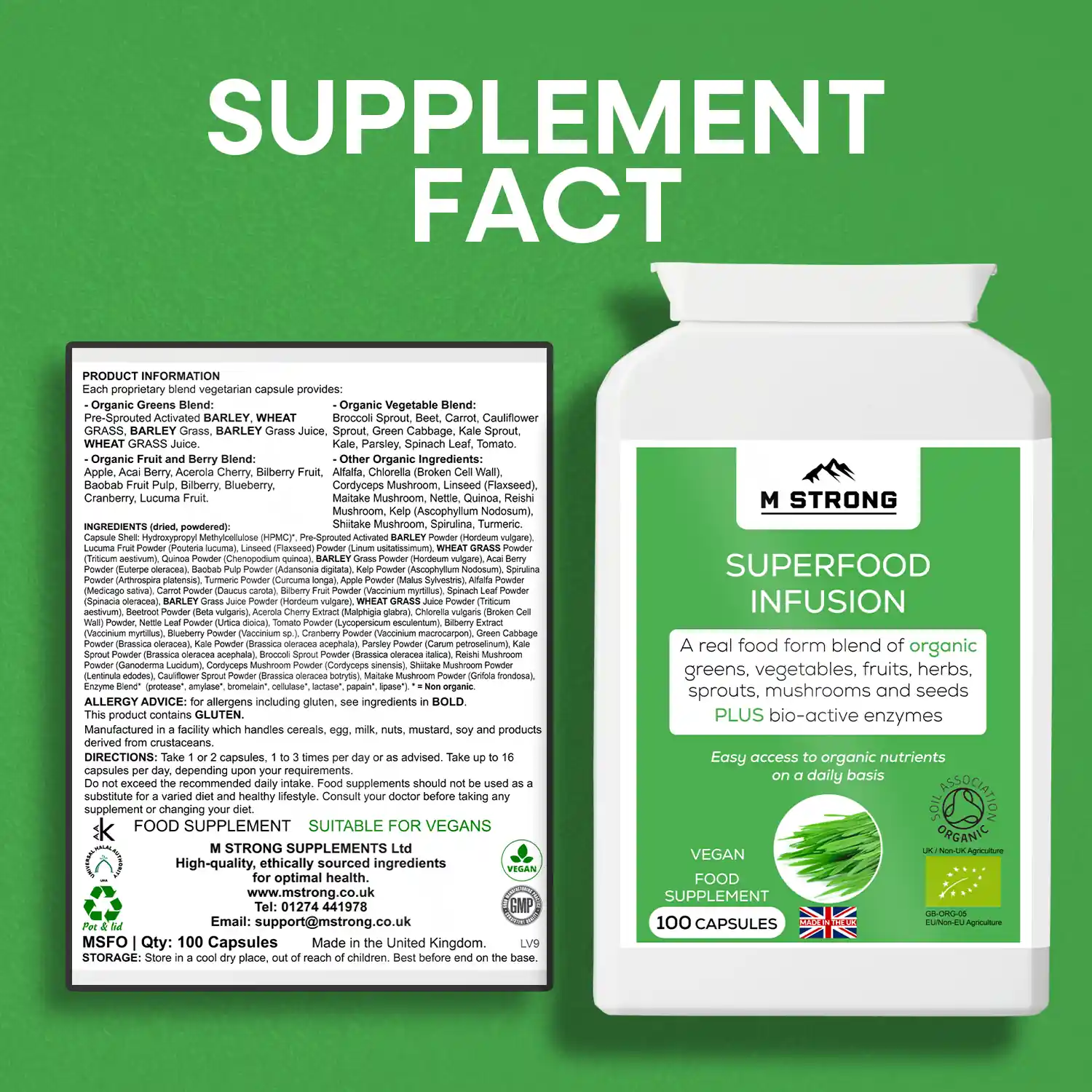 M STRONG Superfood Infusion supplement facts and ingredients label showing organic whole food blend capsules