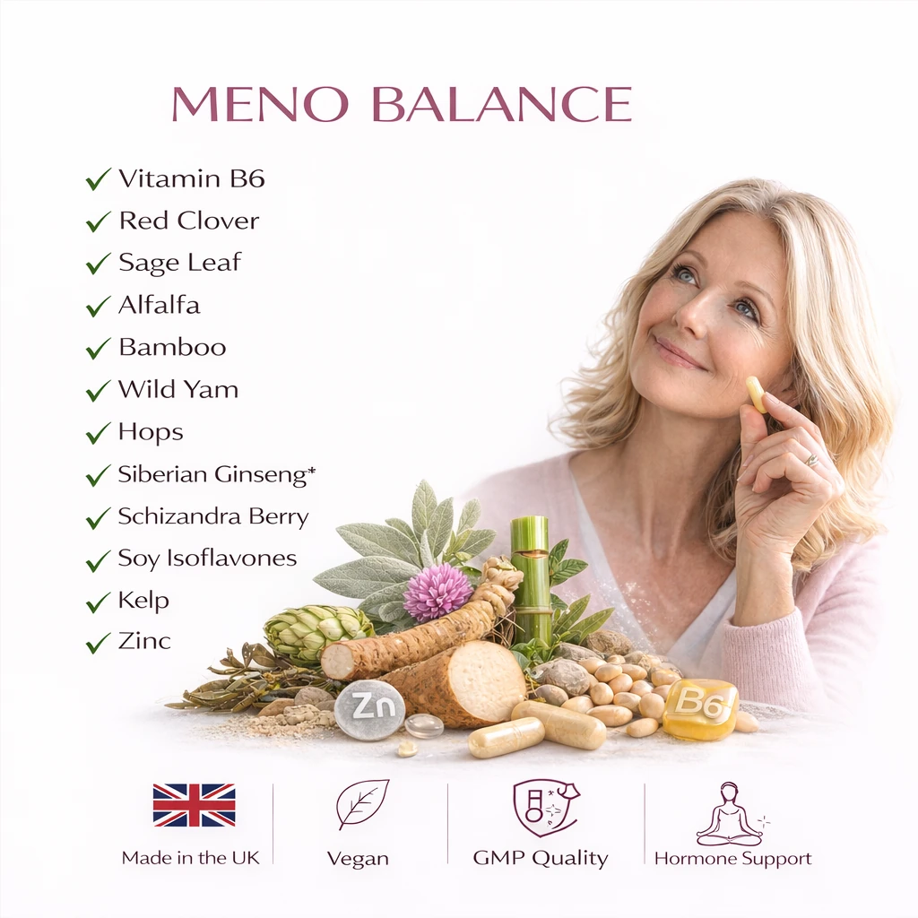 MENO BALANCE menopause supplement ingredients with woman taking capsule, natural herbal formula made in the UK