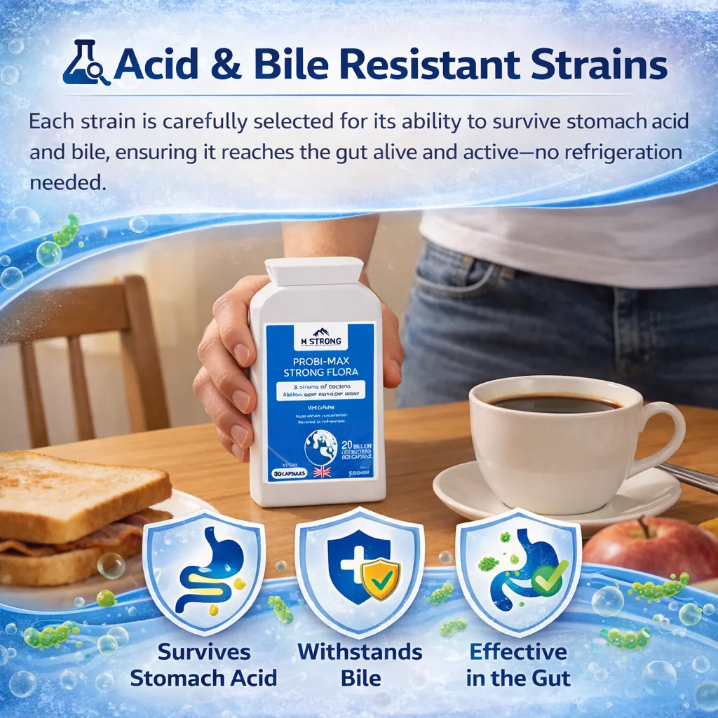 ProBio MAX Strong Flora probiotic being held before breakfast, showcasing acid and bile resistant vegan formula for effective gut delivery