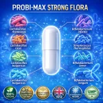 PROBI-MAX STRONG FLORA vegan probiotic with 8 strains for women's gut health and digestion, made in the UK.