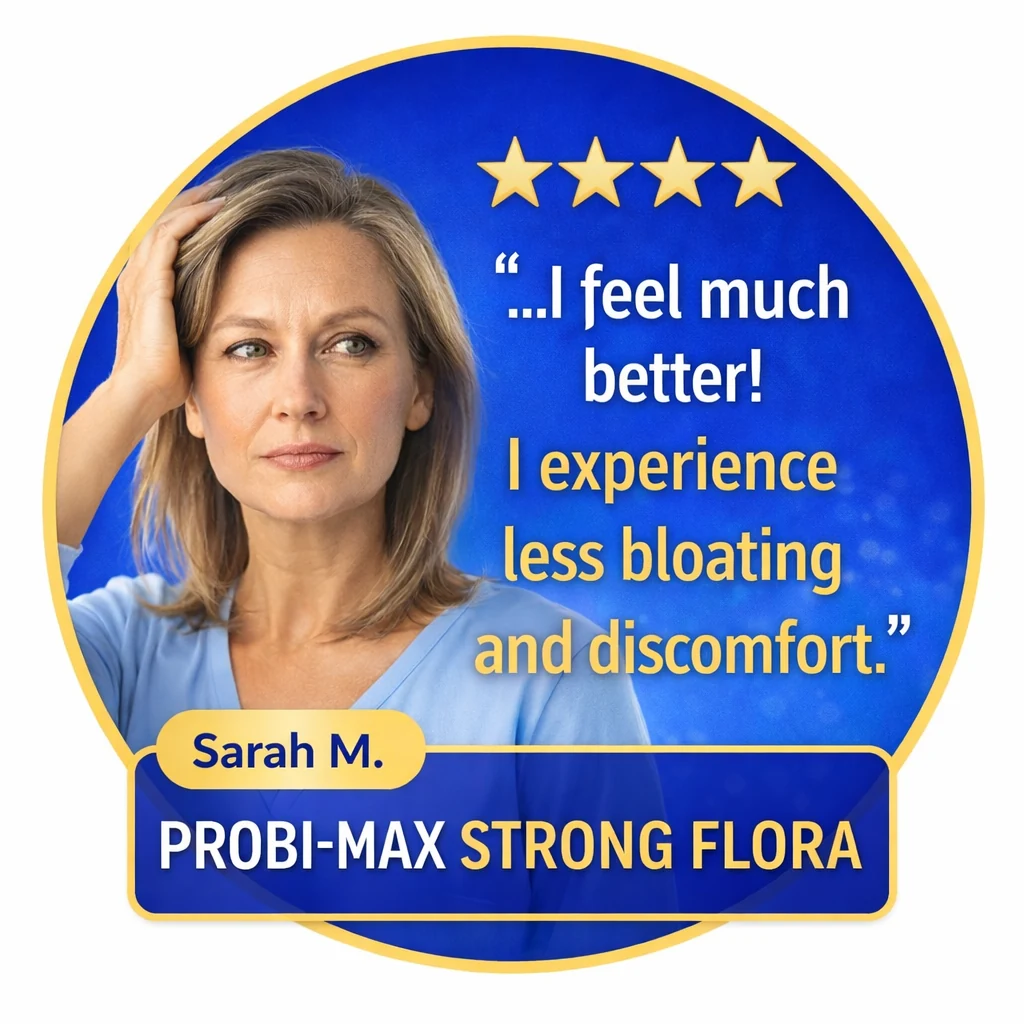Customer in her 40s reviewing PROBI-MAX STRONG FLORA probiotic for gut health and digestion support, vegan and made in the UK.