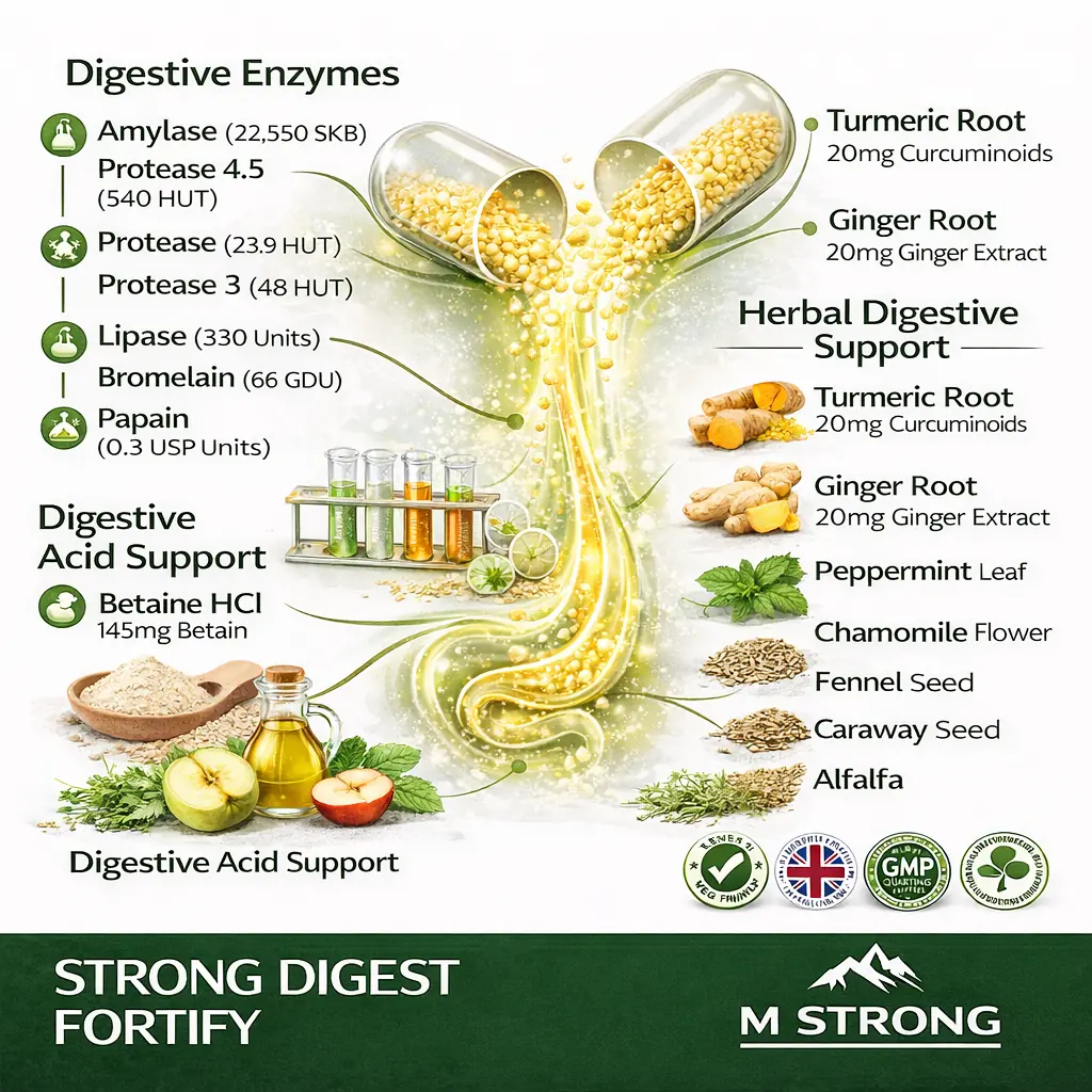 Digestive supplement graphic showing protease, lipase, amylase, bromelain, papain and herbal ingredients