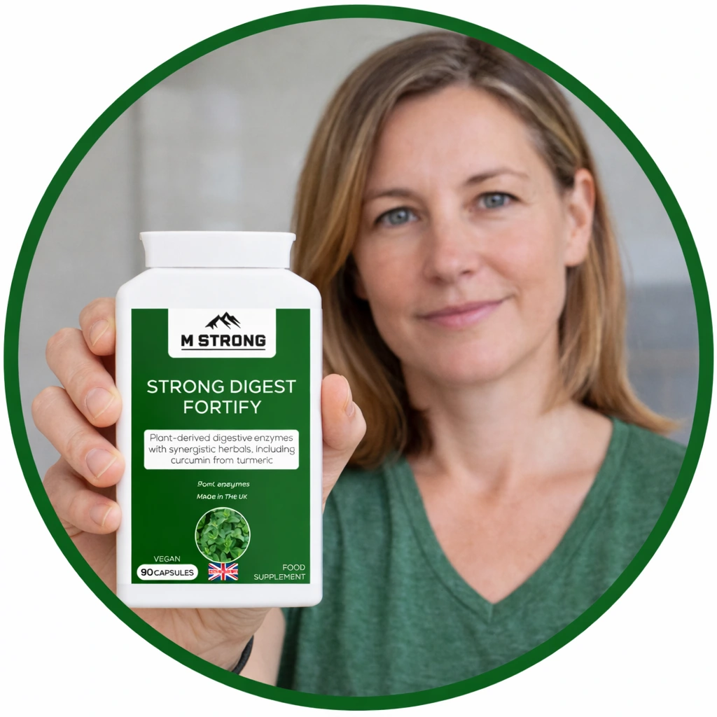 Woman in her 40s holding a bottle of M STRONG Strong Digest Fortify supplement with a neutral expression, featuring a green product label inside a matching green circular frame.