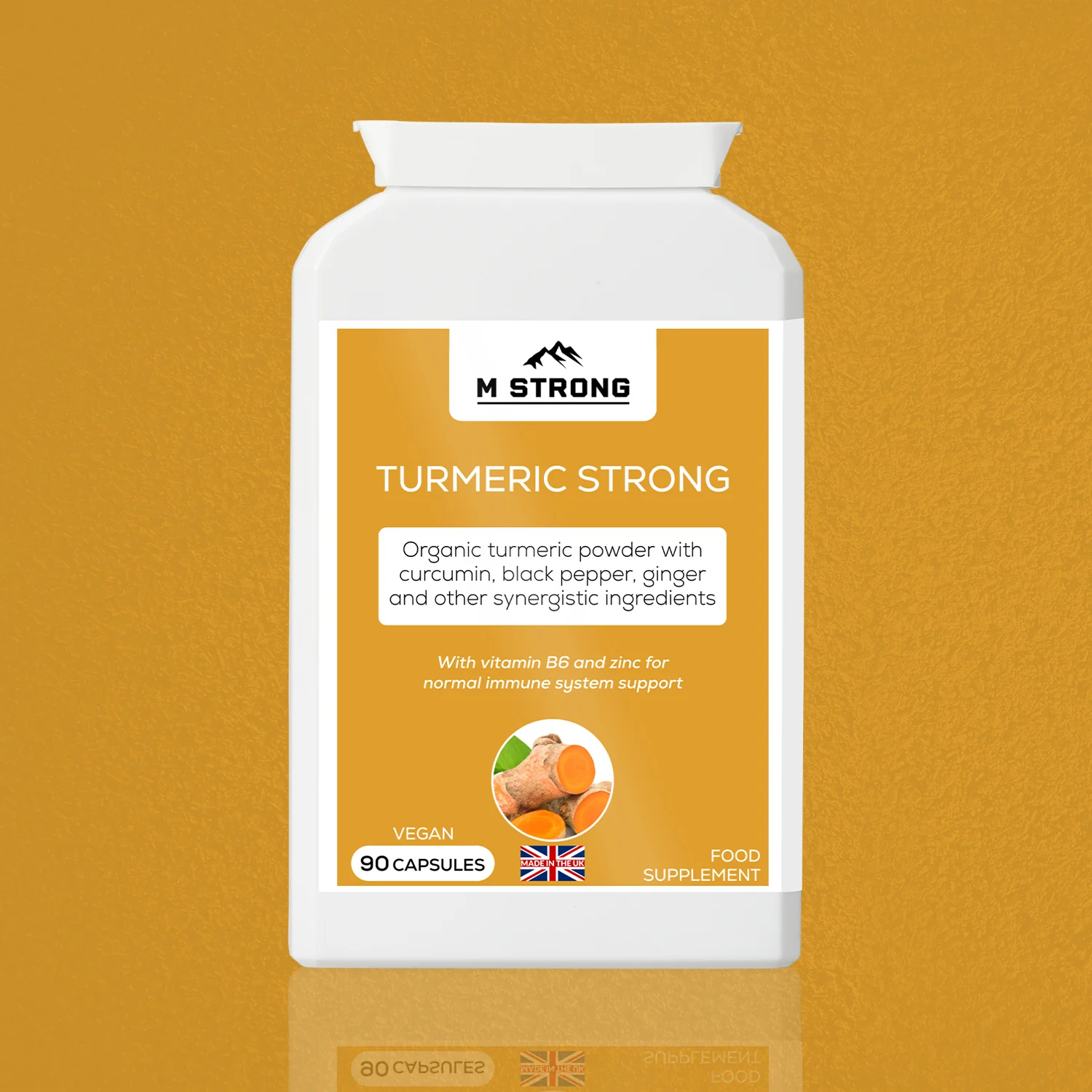 M STRONG Turmeric Strong capsules with organic turmeric, curcumin, black pepper, ginger, zinc and vitamin B6