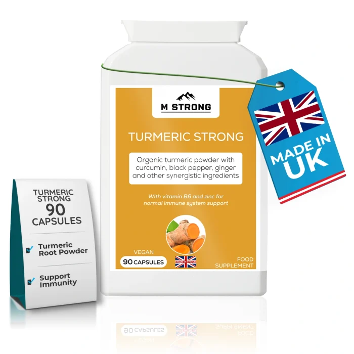 M STRONG Turmeric Strong 90 capsule supplement bottle with Made in UK tag and product box displayed