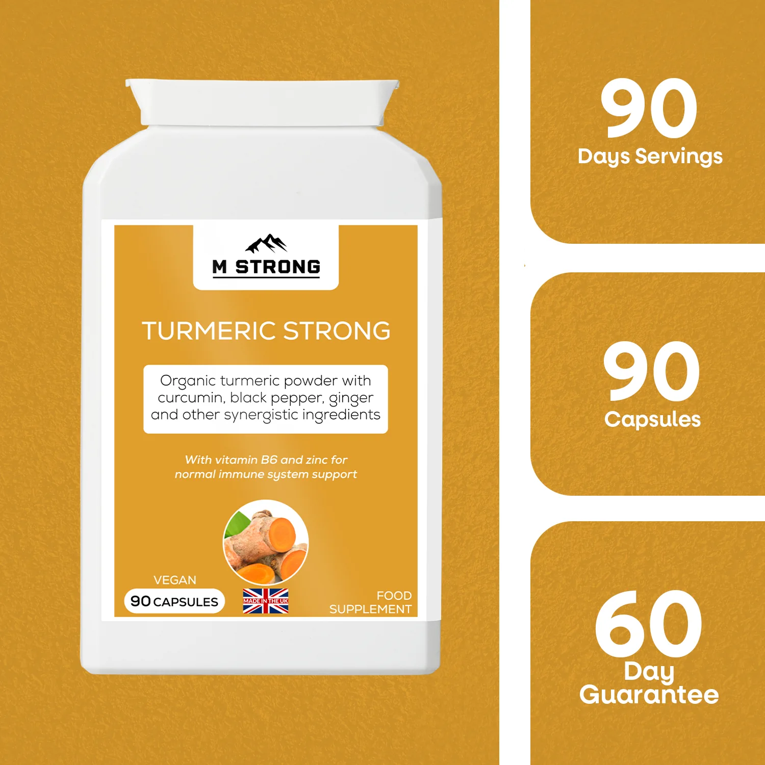 M STRONG Turmeric Strong 90 capsule supplement bottle with product benefits and guarantee displayed