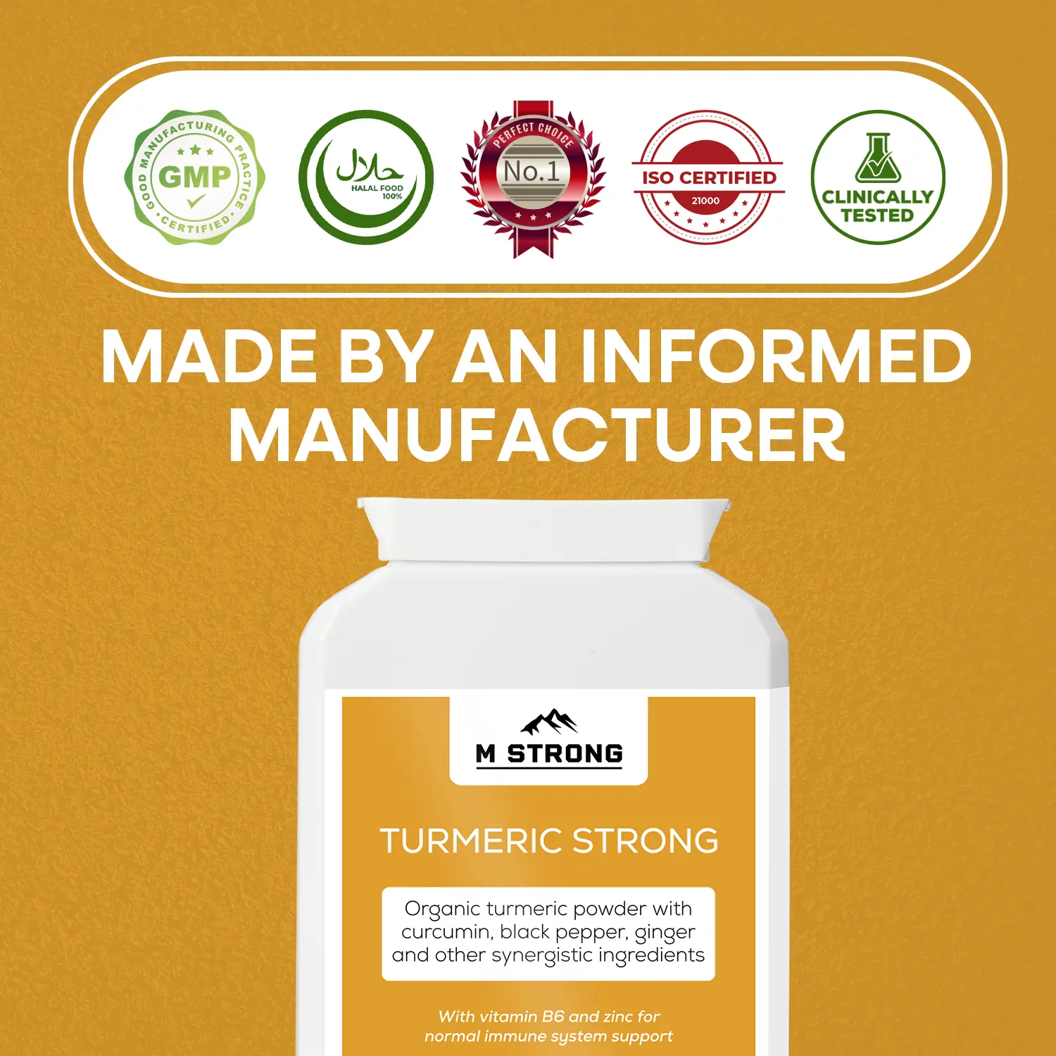 M STRONG Turmeric Strong supplement bottle with GMP, ISO certified, Halal and clinically tested quality badges