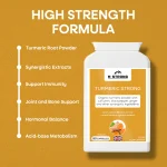 M STRONG Turmeric Strong supplement bottle with high strength formula benefits listed including immunity and joint support