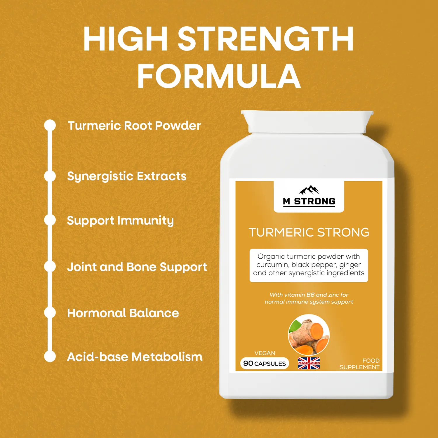 M STRONG Turmeric Strong supplement bottle with high strength formula benefits listed including immunity and joint support