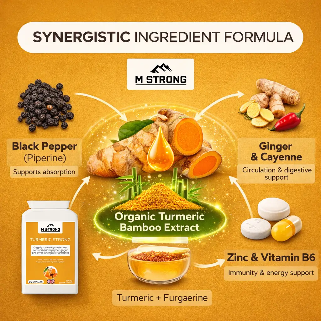 Ingredient synergy graphic showing organic turmeric, bamboo extract, black pepper, ginger, zinc and vitamin B6