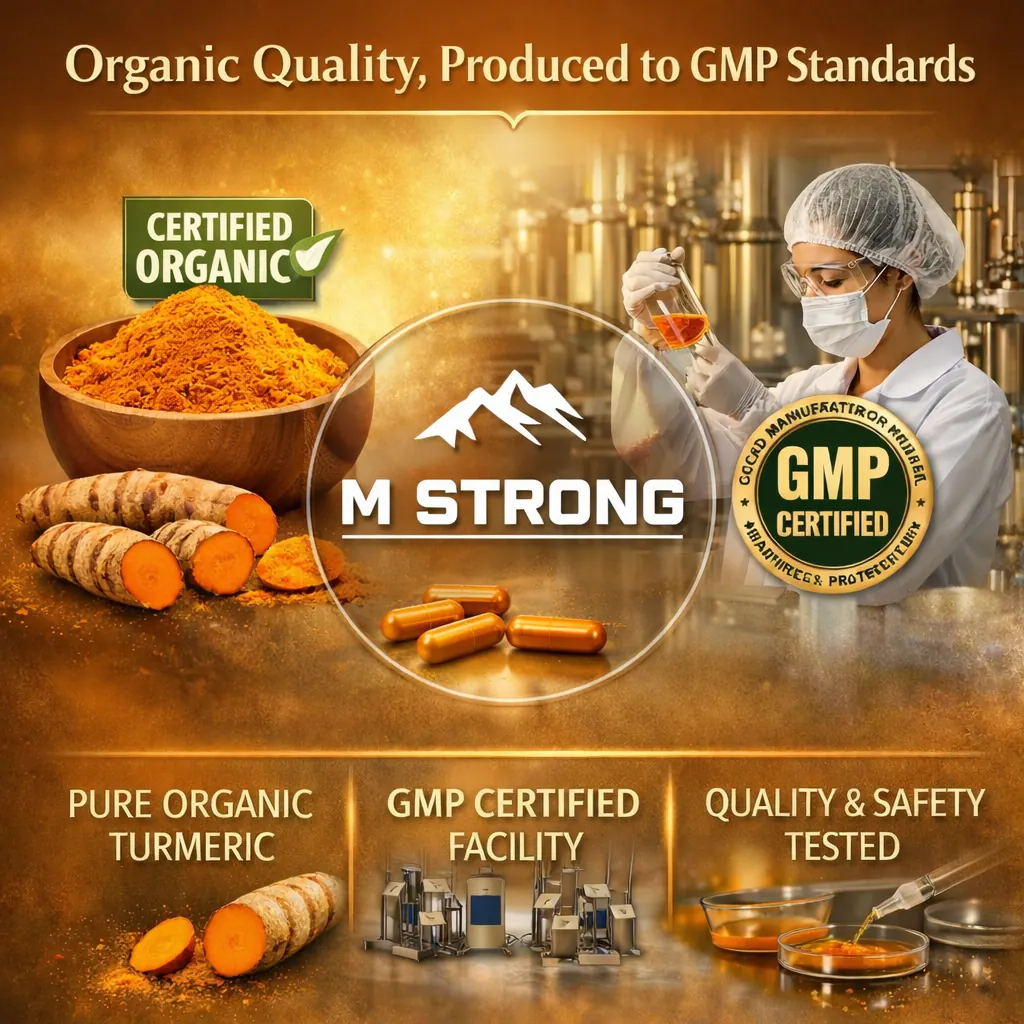 M STRONG Turmeric Strong supplement showing organic quality ingredients and GMP manufacturing standards