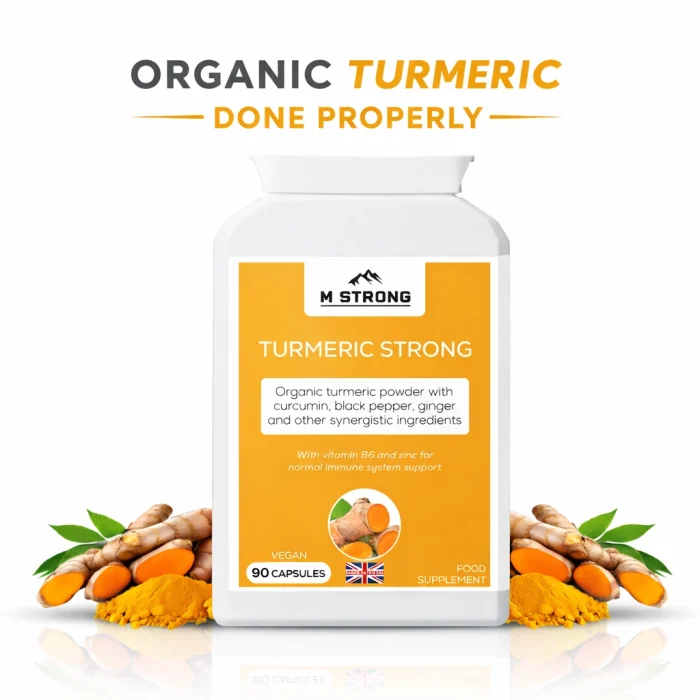 M STRONG Turmeric Strong supplement with organic turmeric root and powder, 90 vegan capsules, made in the UK