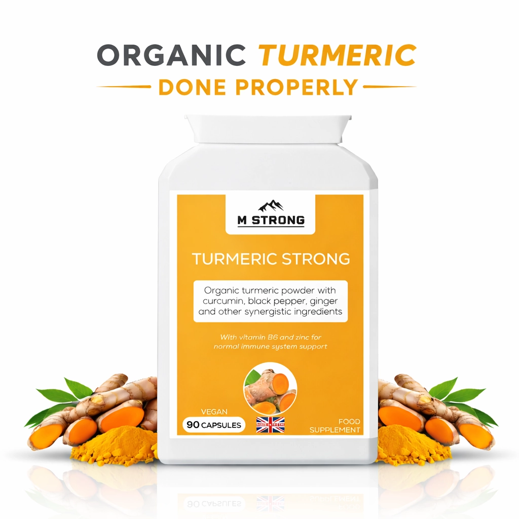 M STRONG Turmeric Strong supplement with organic turmeric root and powder, 90 vegan capsules, made in the UK