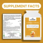 Supplement facts panel and M STRONG Turmeric Strong supplement showing ingredients, nutrition information and vegan status