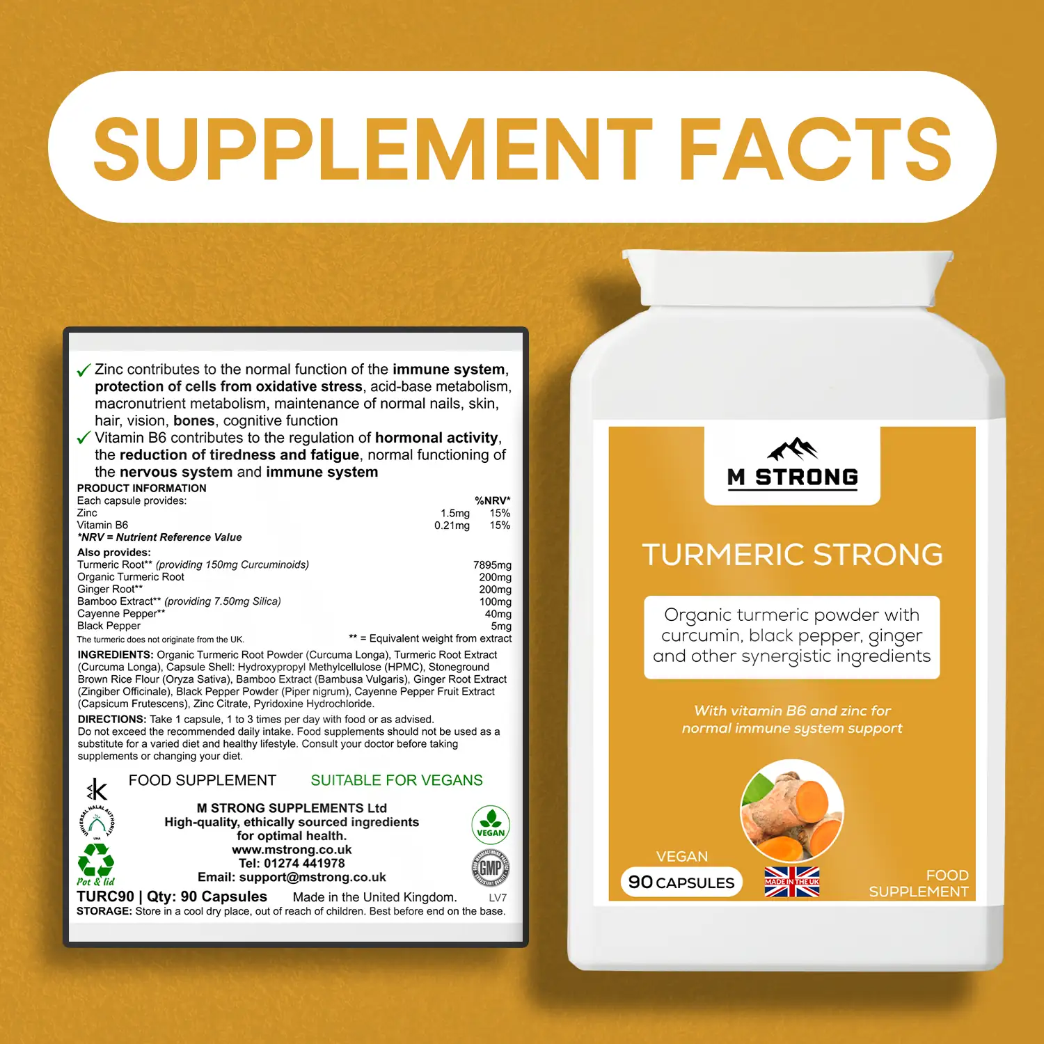 Supplement facts panel and M STRONG Turmeric Strong supplement showing ingredients, nutrition information and vegan status