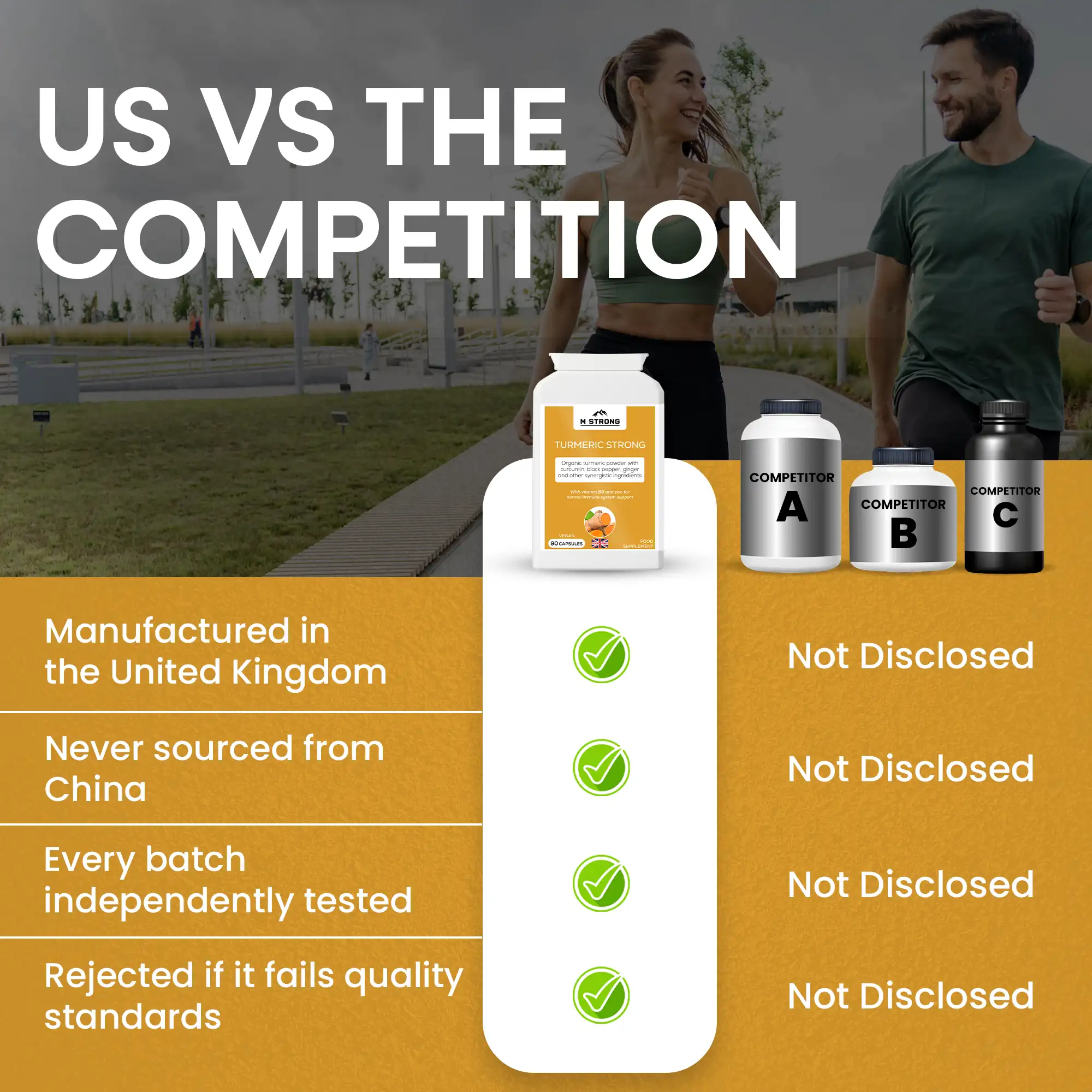 Comparison graphic showing M STRONG Turmeric Strong versus competitors with UK manufacturing and quality testing highlighted
