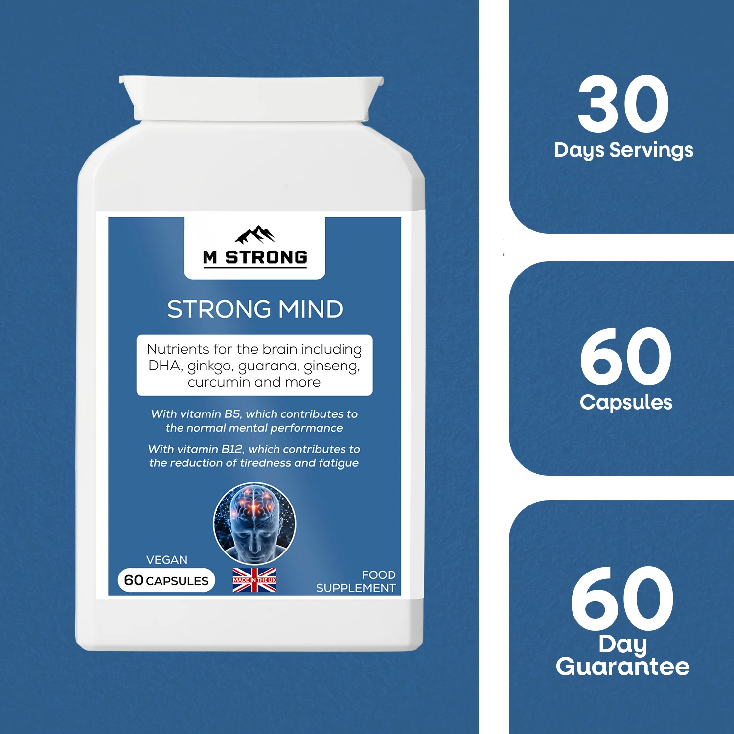M STRONG Strong Mind brain support supplement showing 60 capsules, 30 day serving and 60 day guarantee