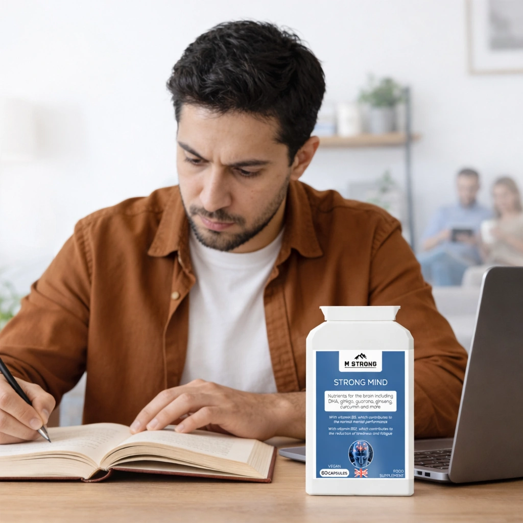 Man reading and working at a desk with STRONG MIND supplement, supporting daily focus and long term mental balance