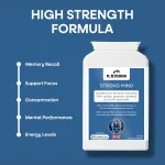 M STRONG Strong Mind high strength brain support supplement highlighting focus, memory, concentration and energy