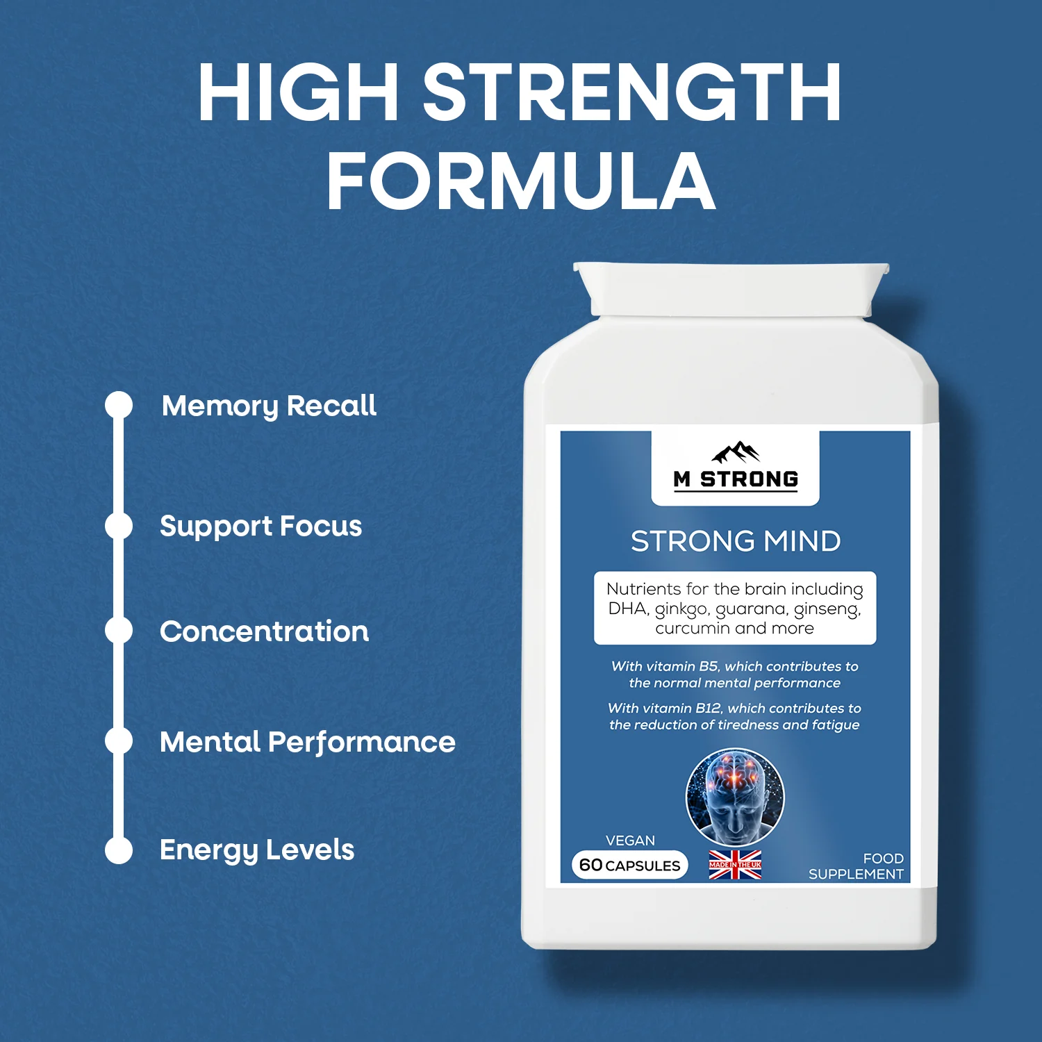 M STRONG Strong Mind high strength brain support supplement highlighting focus, memory, concentration and energy