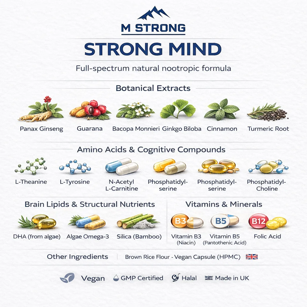 STRONG MIND ingredient infographic on white background showing full natural nootropic formula and supplement components