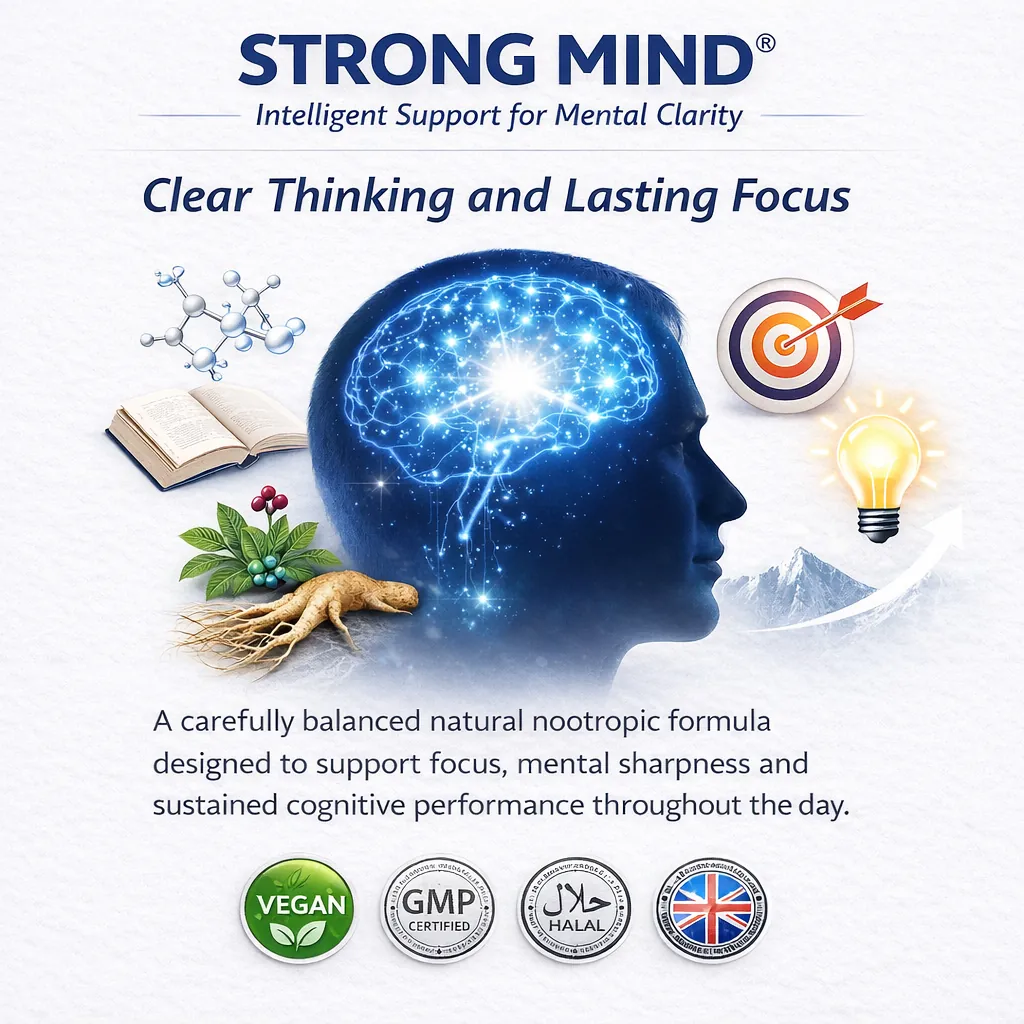 STRONG MIND natural nootropic graphic supporting clear thinking, focus and mental clarity with plant-based ingredients