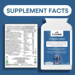 M STRONG Strong Mind supplement facts and ingredients label showing full formula, vitamins, minerals and dosage