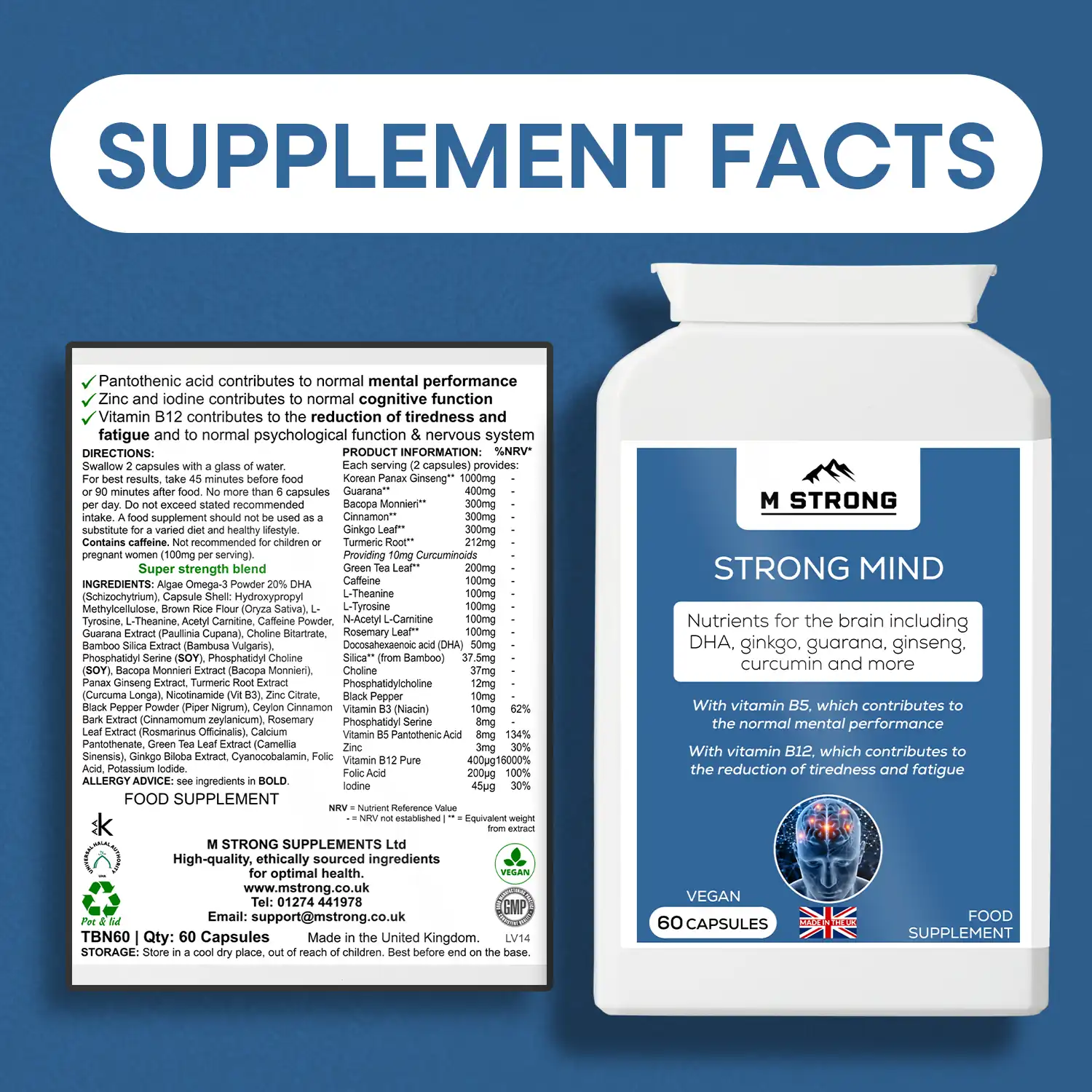 M STRONG Strong Mind supplement facts and ingredients label showing full formula, vitamins, minerals and dosage
