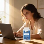 Woman working on a laptop with M STRONG Strong Mind supplement, supporting focus and mental performance during work