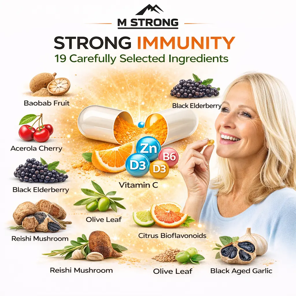 Woman in her 50s taking M STRONG Strong Immunity capsule with 19 natural ingredients for immune support