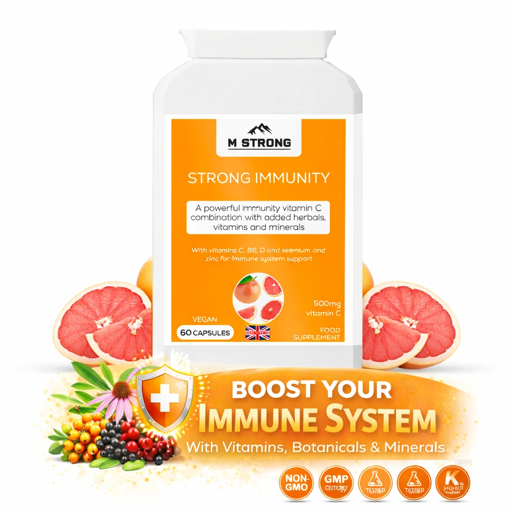 M STRONG Strong Immunity supplement with vitamin C, botanicals, minerals and trust badges on white background