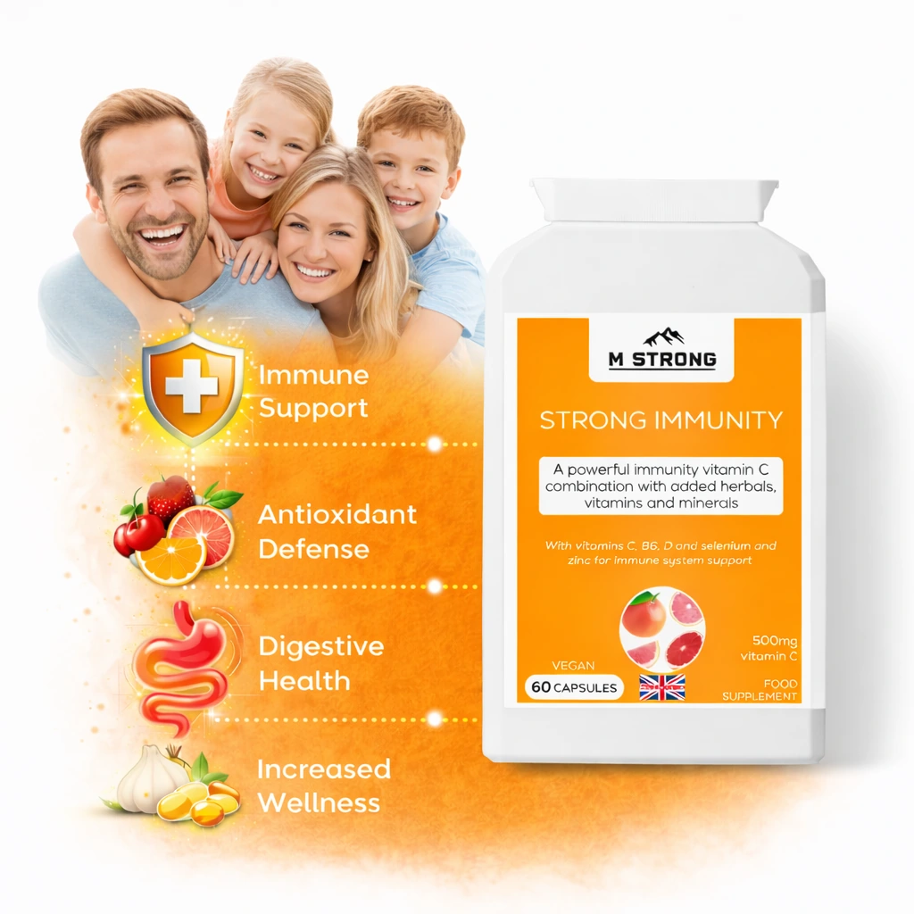 M STRONG Strong Immunity supplement with family lifestyle visuals and immune support benefits on white background