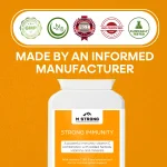 M STRONG Strong Immunity supplement showing GMP, ISO certified, halal and clinically tested manufacturing standards