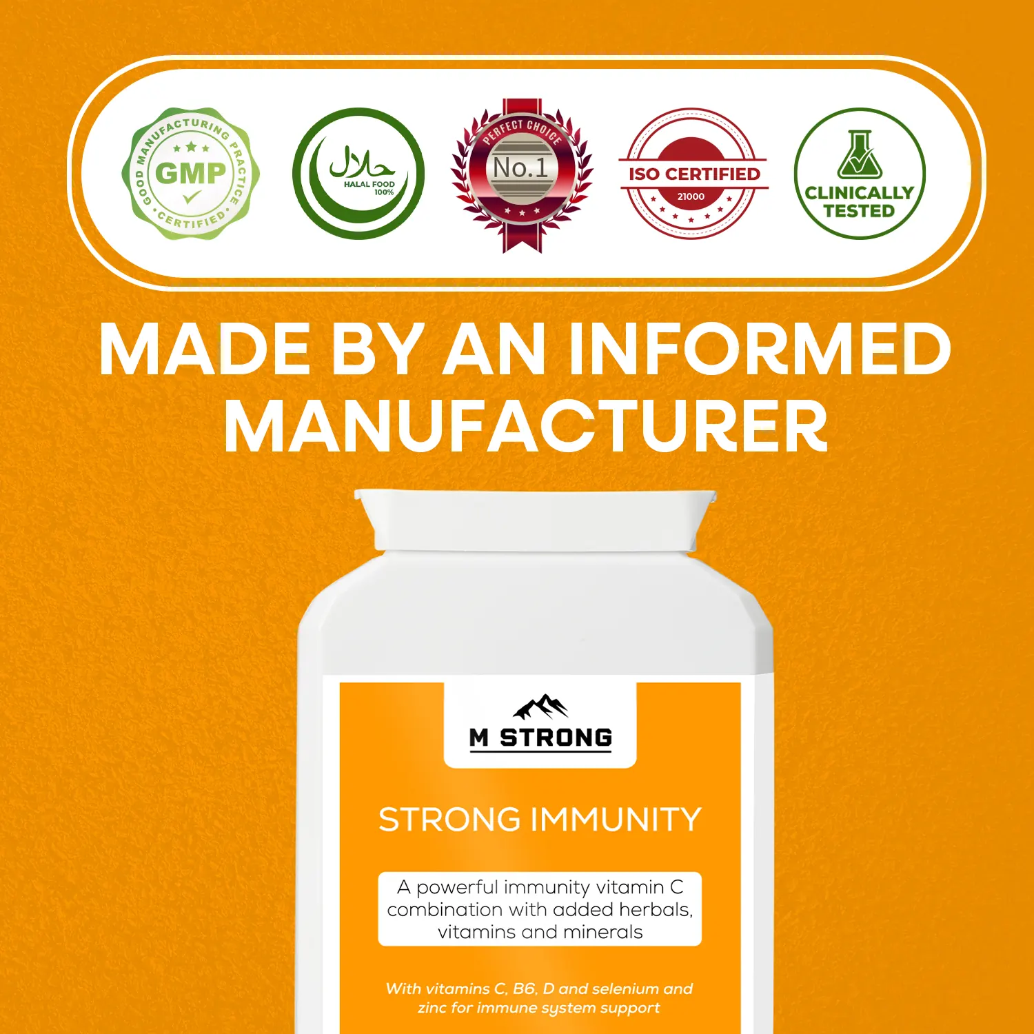 M STRONG Strong Immunity supplement showing GMP, ISO certified, halal and clinically tested manufacturing standards
