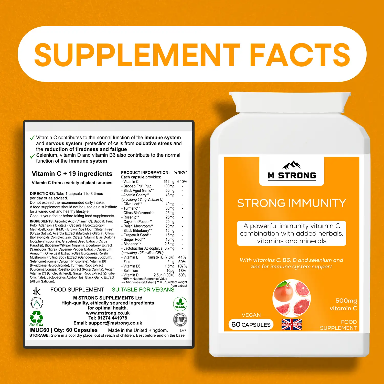 M STRONG Strong Immunity supplement facts panel showing vitamin C blend, full ingredients list and nutrition values