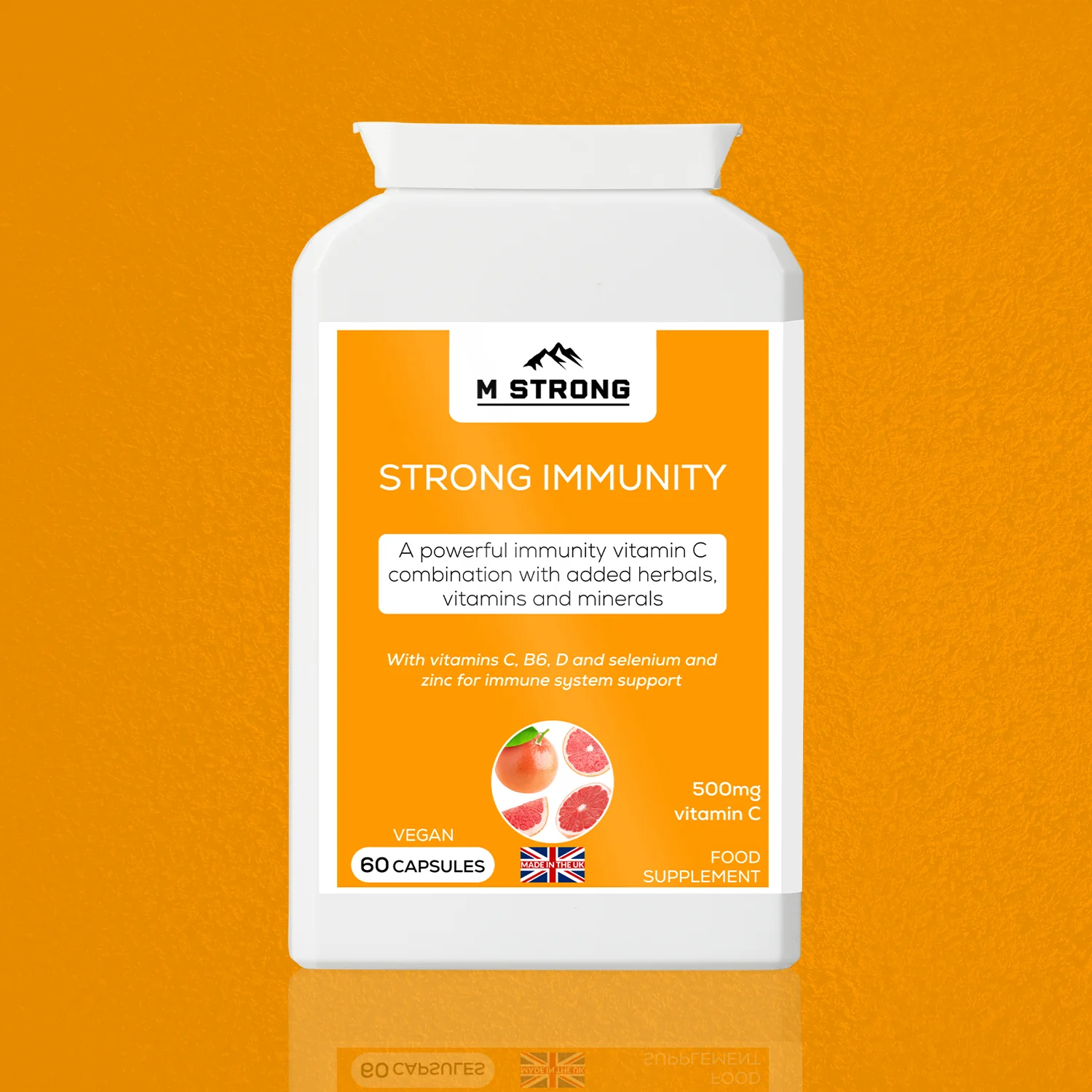 M STRONG Strong Immunity vitamin C supplement 500mg, vegan capsules, made in the UK