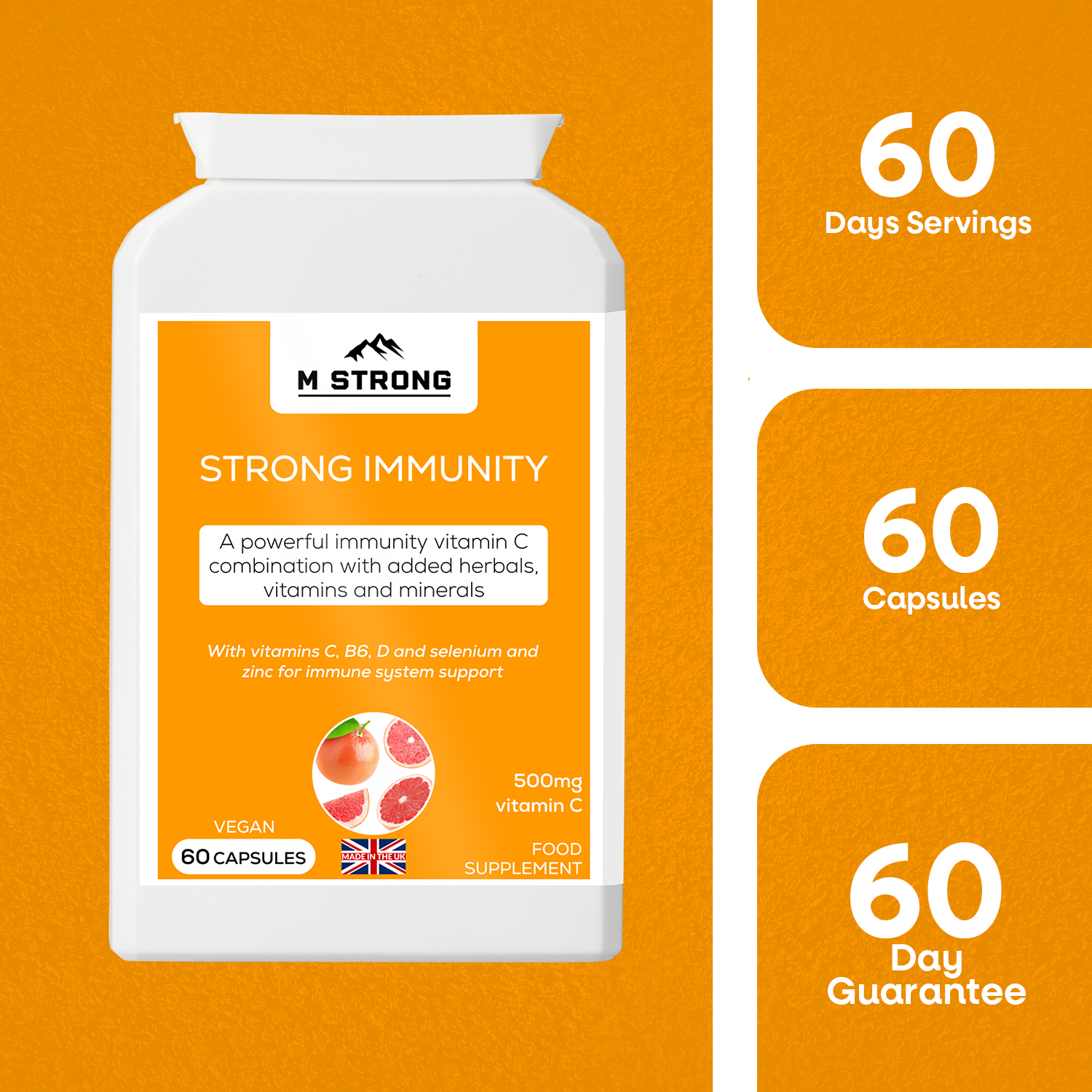 M STRONG Strong Immunity vitamin C supplement showing 60 capsules, 60 day supply and UK quality guarantee