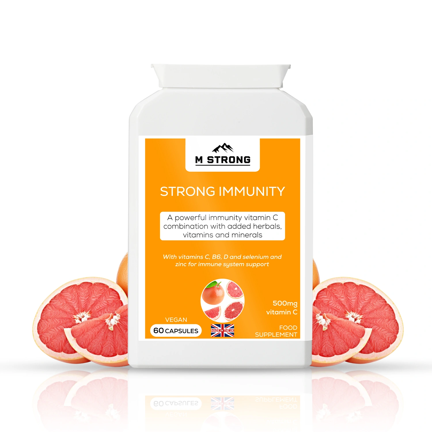 M STRONG Strong Immunity vitamin C supplement with grapefruit shown to represent citrus based ingredients