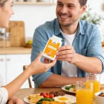 People holding M STRONG Strong Immunity vitamin C supplement during a meal as part of a daily routine