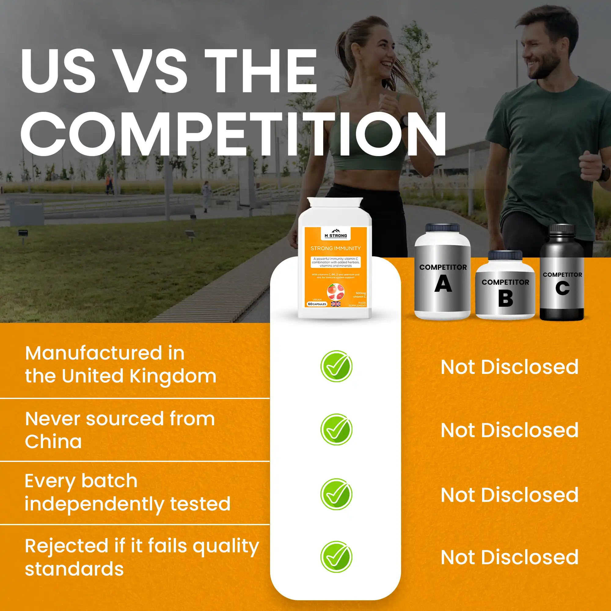 M STRONG Strong Immunity vs competitors showing UK manufacturing, testing standards and quality transparency