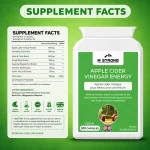 M Strong Apple Cider Vinegar Energy supplement facts label, front bottle and back panel, 120 capsules UK made vegan