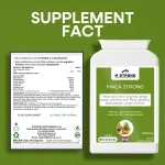 M STRONG Maca Strong maca supplement with zinc, vegan capsules, ingredients label shown, made in the UK