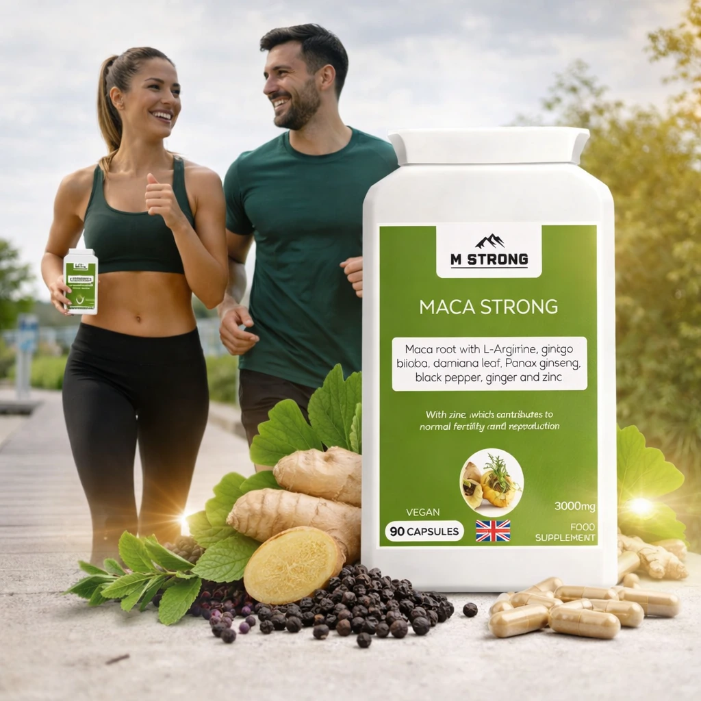Active man and woman jogging outdoors with M STRONG Maca Strong supplement bottle, vegan maca capsules supporting natural stamina and energy