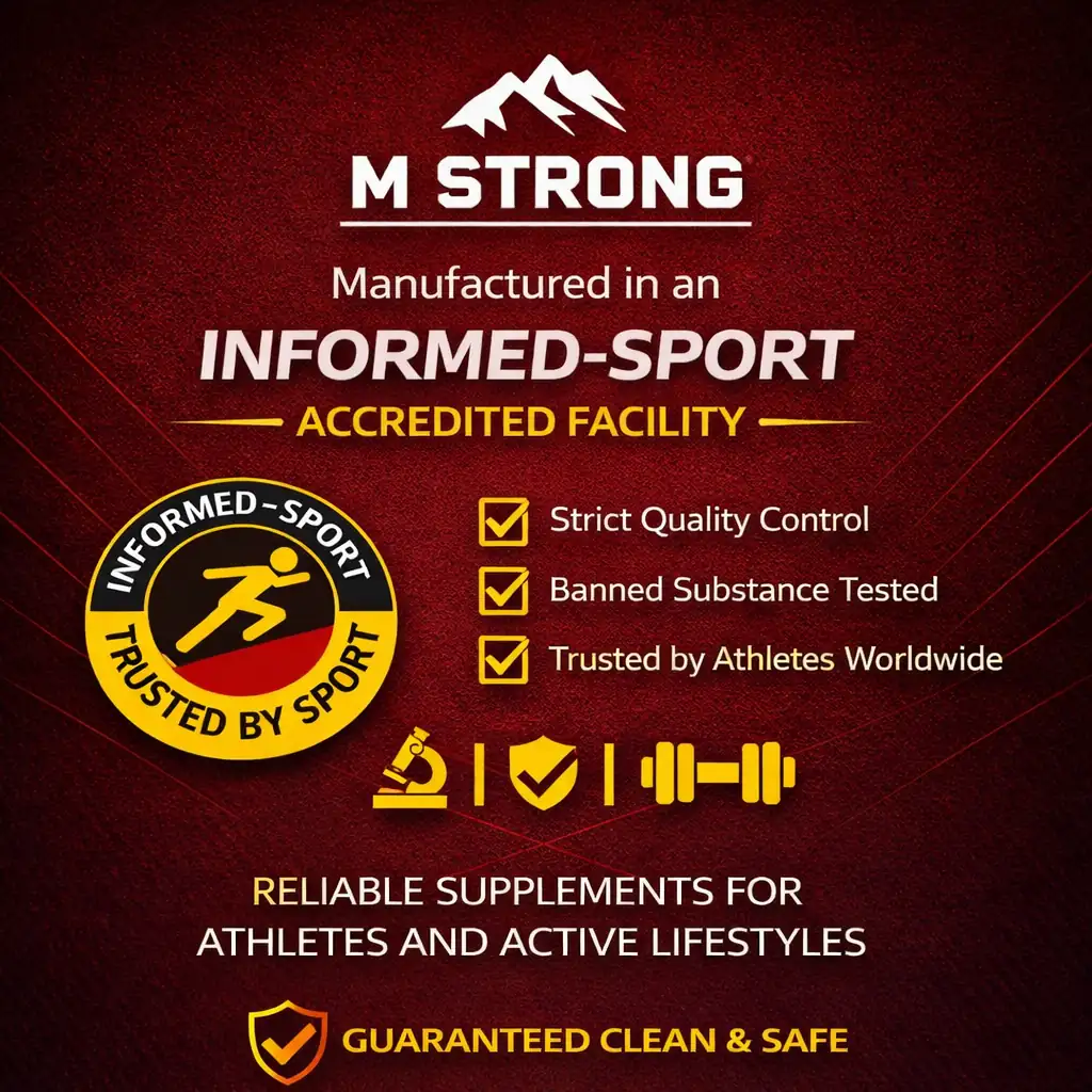 M Strong made in sports facility, doping free.